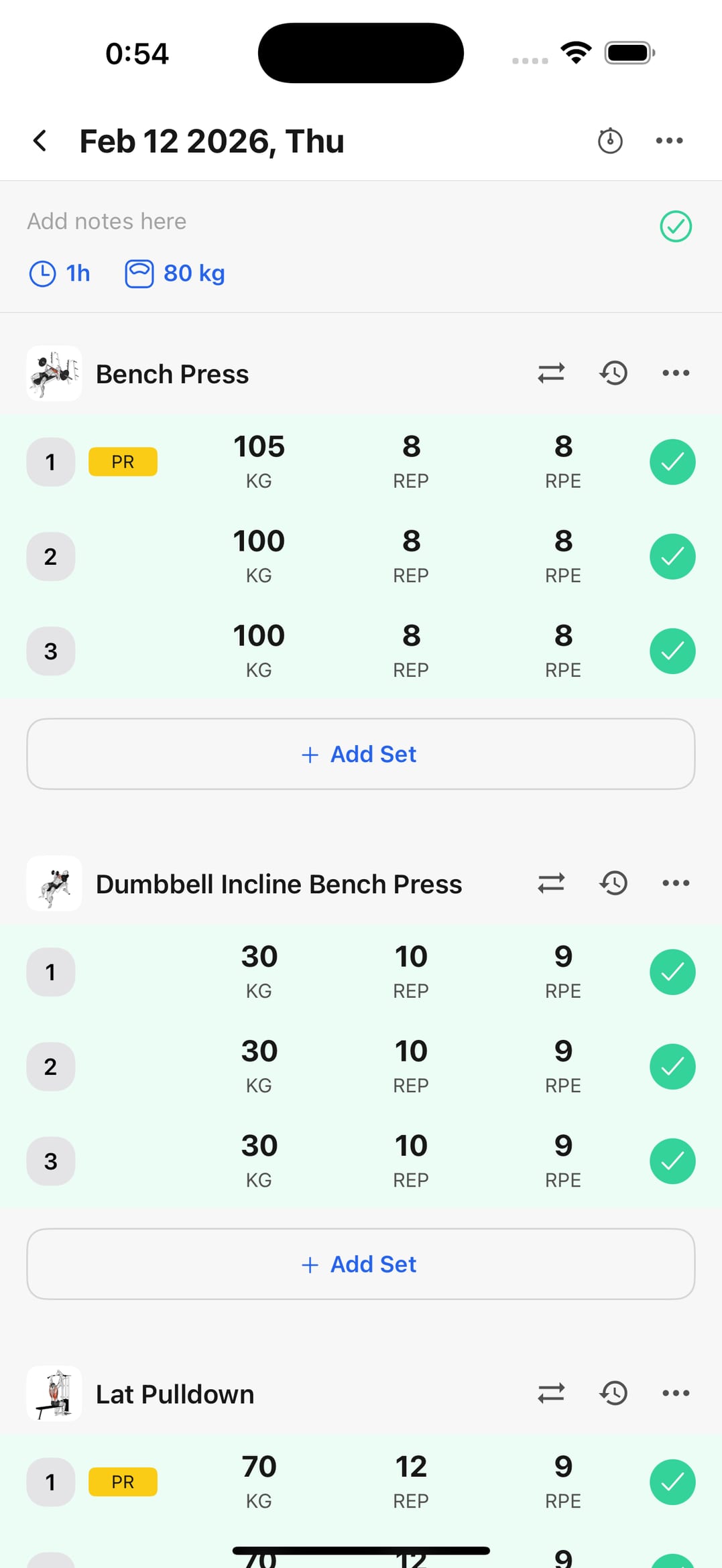 Workout logging screen